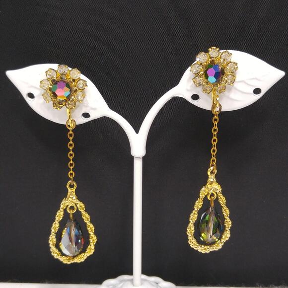 Vintage Czech Peacock Bead Dangle Earrings Floral Rhinestone Gold Tone 1960s - Picture 5 of 10